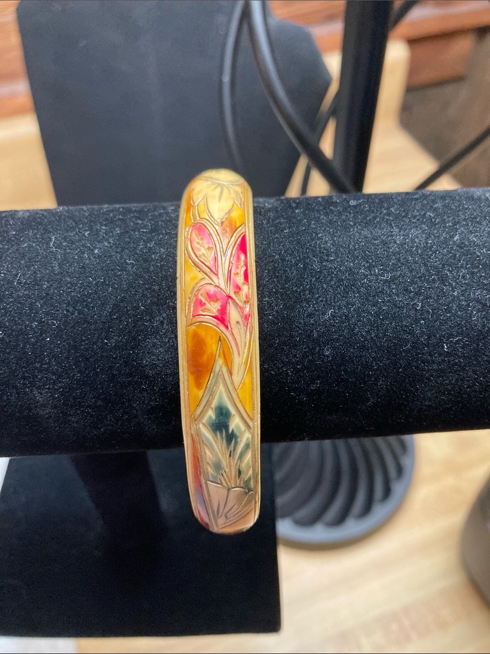 Carved Women's Bangle Bracelet - Yellow with Pink and Blue Floral Accents